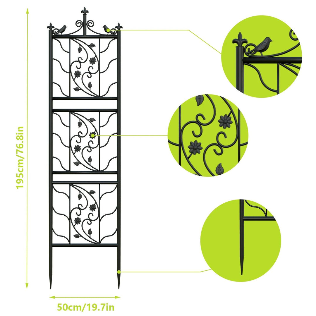 6 Panels 76.8 Inch Black Metal Iron Fence | Decorative Garden Trellis with Rod and Wrought Iron Design | Outdoor Climbing Plants & Yard Decor