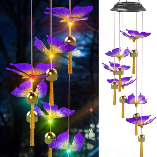 Solar Butterfly & Hummingbird Wind Chimes with LED Lights | Solar-Powered Outdoor Decoration | Garden, Patio, Courtyard Chimes with Changing Lights