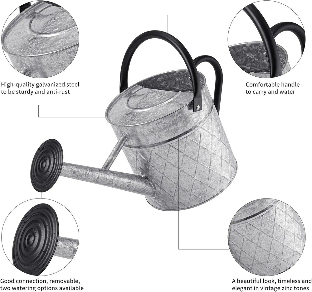 1.75 Gallon Outdoor Galvanized Metal Watering Can, Vintage Style with Removable Spray Spout  for Plants & Gardens