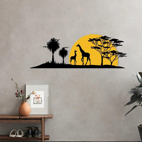 Outdoor Metal Wall Art: Giraffe Sunset and Tree Metal Silhouette - 3D Metal Wall Decor for Indoor & Outdoor Spaces