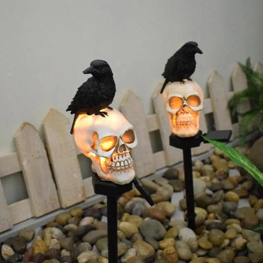 Solar Resin Halloween Crow Skull Pathway Lights - Outdoor Waterproof LED Light for Walkways, Pathways, and Gardens