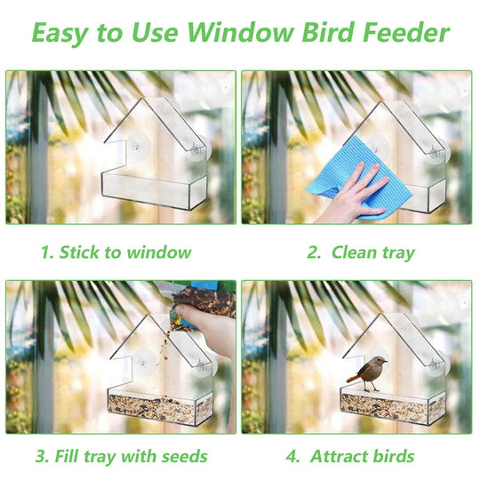 Clear View Window Bird Feeder - Transparent Removable with Suction Cups, Sliding Feed Tray, Waterproof, Squirrel-Proof for Windows