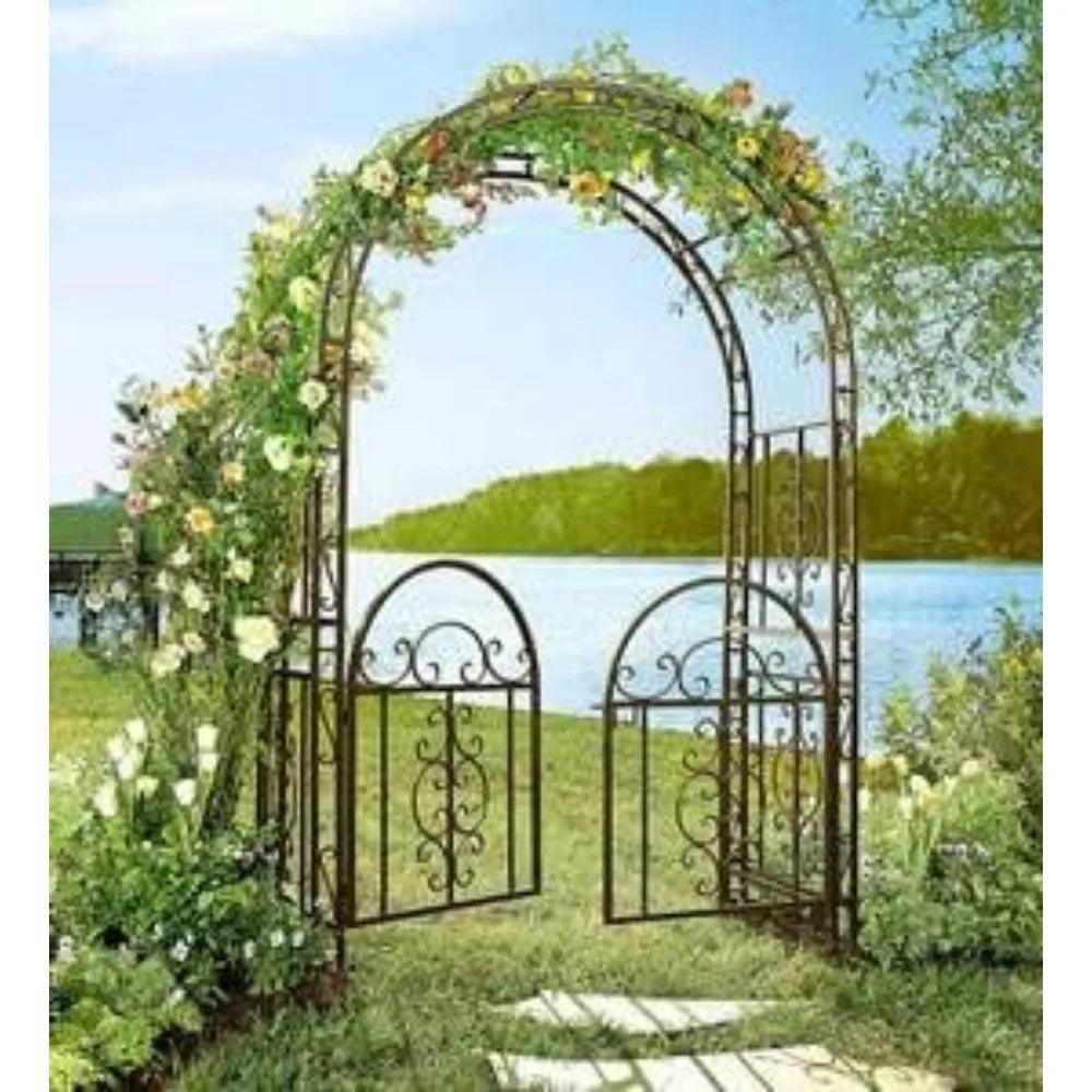 84-Inch Heighted Arched Metal Garden Trellis with Gate | Gunmetal Black | Outdoor Garden Archway for Climbing Plants