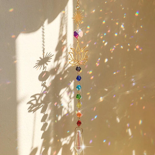 Crystal Sun Catcher Lotus | Hanging Suncatcher with Crystals | Rainbow Maker for Windows & Garden | Chakra Light Catcher, Stained Glass Decoration