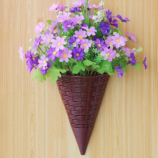 3 Pcs Wall Planters Hanging Basket Set - Cone Shaped Imitation Rattan Indoor & Outdoor Flower Pots, Wall Mounted Vertical Garden Planter