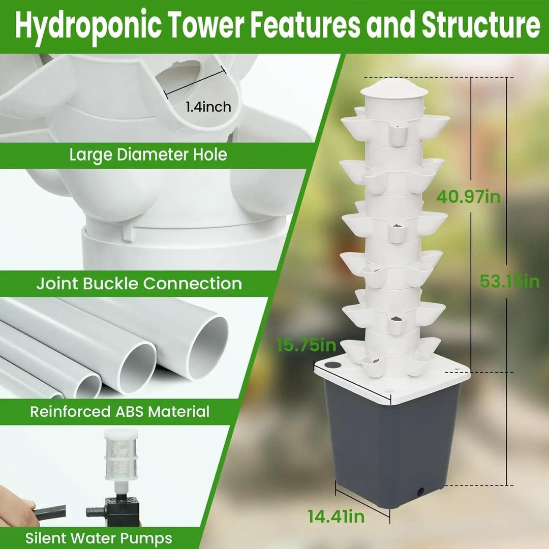 Growing Tower System - Hydroponic Garden Tower for Indoor Herbs, Fruits, and Vegetables with Silent Pump and Timer