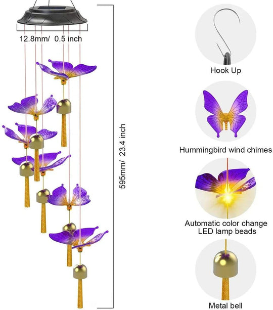 Solar Butterfly & Hummingbird Wind Chimes with LED Lights | Solar-Powered Outdoor Decoration | Garden, Patio, Courtyard Chimes with Changing Lights