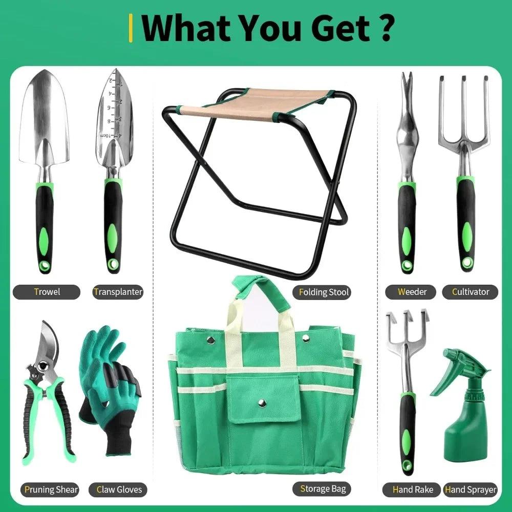 9-Piece Heavy Duty Gardening Tool Set with Folding Stool – Cast-Aluminum Garden Tools Kit