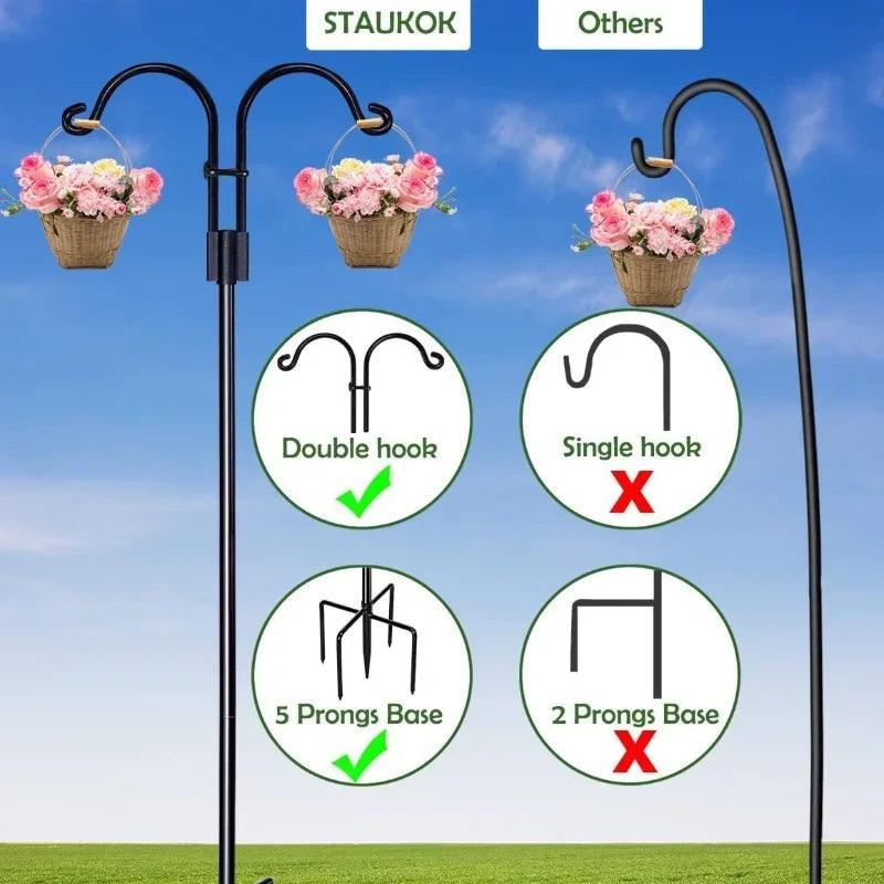 Double & Tall Shepherds Hook - 76 Inch Heavy Duty Bird Feeder Pole with 5 Prong Base for Hanging Plants & Lanterns