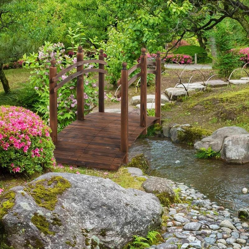 7.5' Wooden Japanese Garden Bridge, Fir Wood Arc Walkway with Side Railings, Perfect for Backyards, Gardens, & Streams