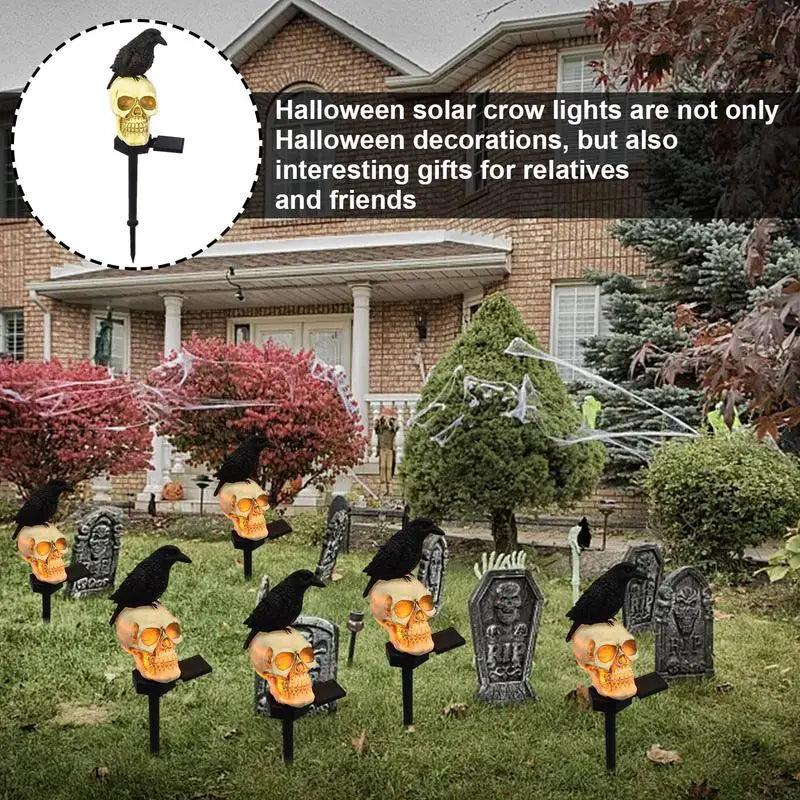 Solar Resin Halloween Crow Skull Pathway Lights - Outdoor Waterproof LED Light for Walkways, Pathways, and Gardens