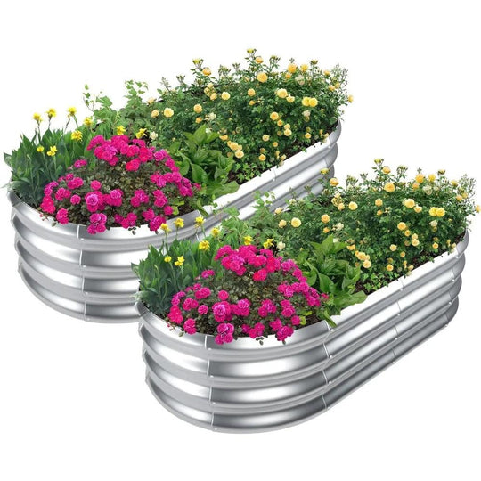 Galvanized Raised Garden Bed - 2 Pcs Oval Metal Planter Box 4x2x1 ft for Vegetables and Plants