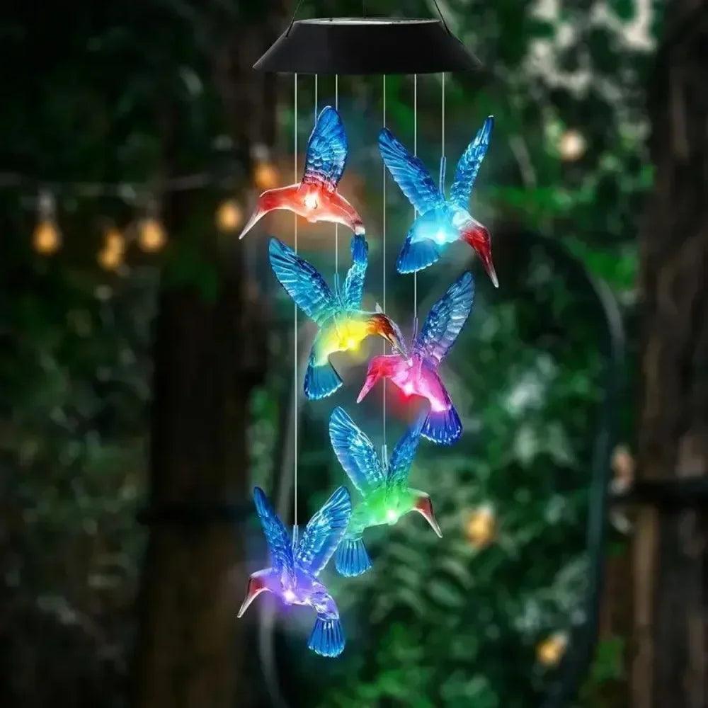 Solar Butterfly & Hummingbird Wind Chimes with LED Lights | Solar-Powered Outdoor Decoration | Garden, Patio, Courtyard Chimes with Changing Lights