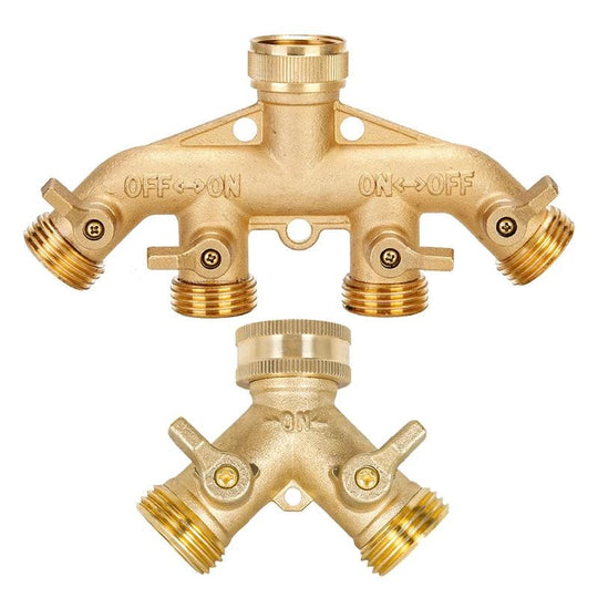 3/4 Inch 2/4-Way Brass Garden Hose Splitter - Y-Type Watering Connector for Outdoor Faucet