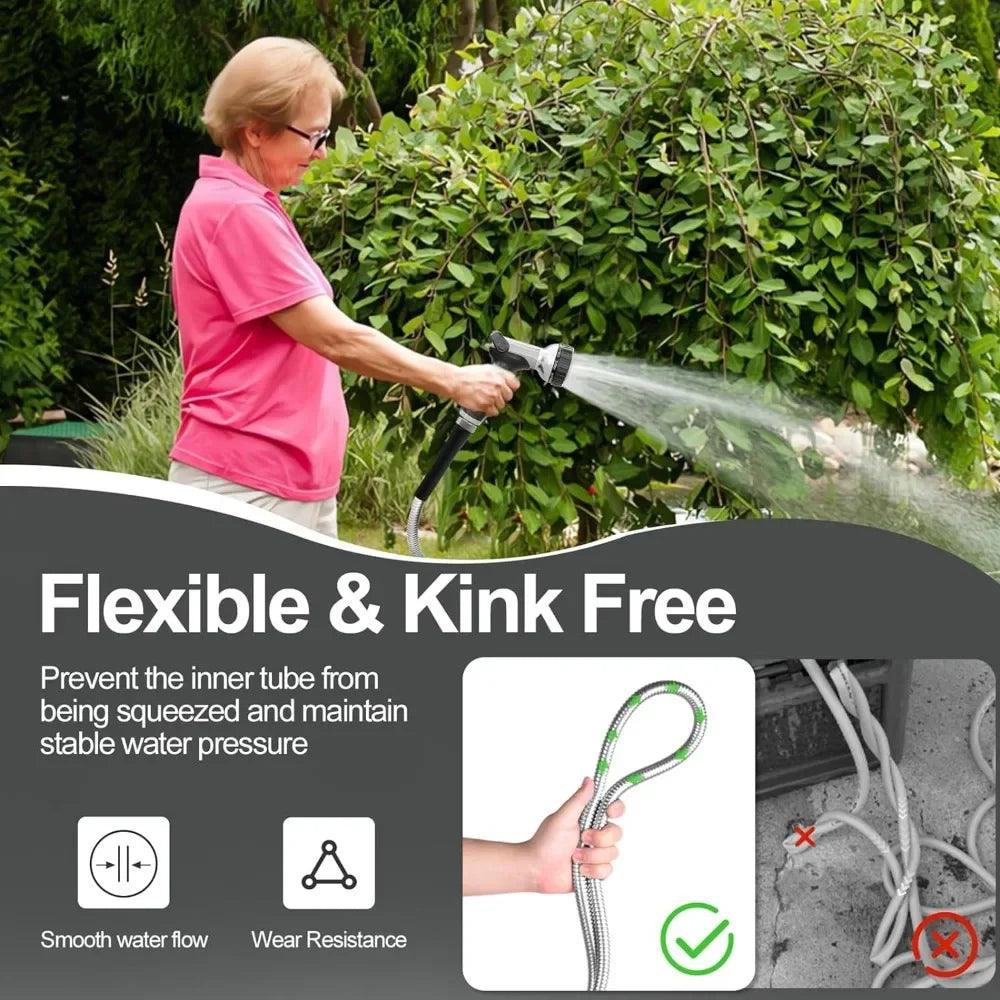 Heavy Duty Garden Hose 25ft-150ft | 304 Stainless Steel Metal Hose with Nozzle | Kink-Free, Tangle-Free, and Durable Water Hose