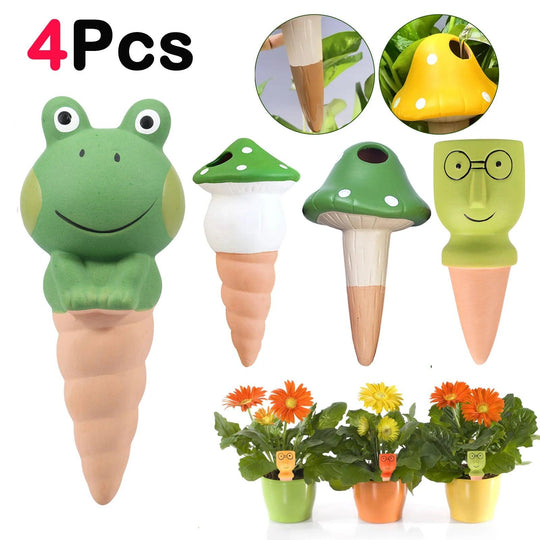 4Pcs Terracotta Ceramic Self-Watering Spikes - Cartoon Lazy Automatic Drip Irrigation System Water Dripper Device for Indoor Outdoor Plants