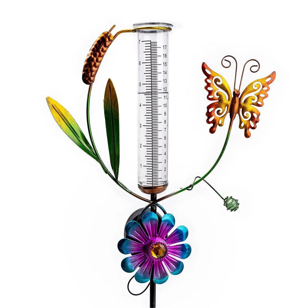 Butterfly Decorative Rain Gauge, Large Solar Powered Waterproof Garden Rain Collector, Outdoor Metal Rain Gauge