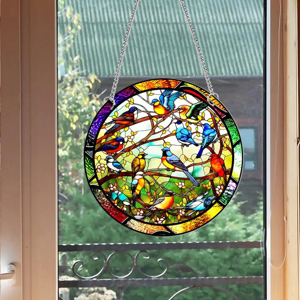 Stained Glass Suncatcher Panel - Acrylic Hanging Decor for Windows, Walls & Gardens - Vibrant Sun Catchers with Birds Design