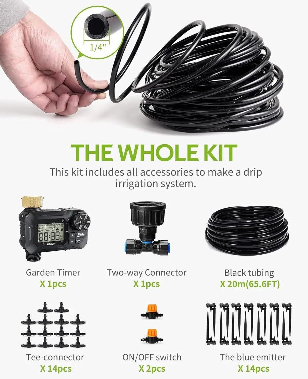 65FT Drip Irrigation Kit with Garden Timer, 1/4" Tubing, 4-Outlet Misting Nozzles | Complete System for Efficient Watering