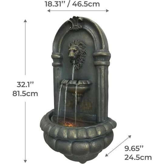 Outdoor Wall Fountain | Antique Bronze Resin Waterfall | 32.1-Inch Wall-Mount with LED Light | Durable, Lightweight Design for Gardens and Backyards