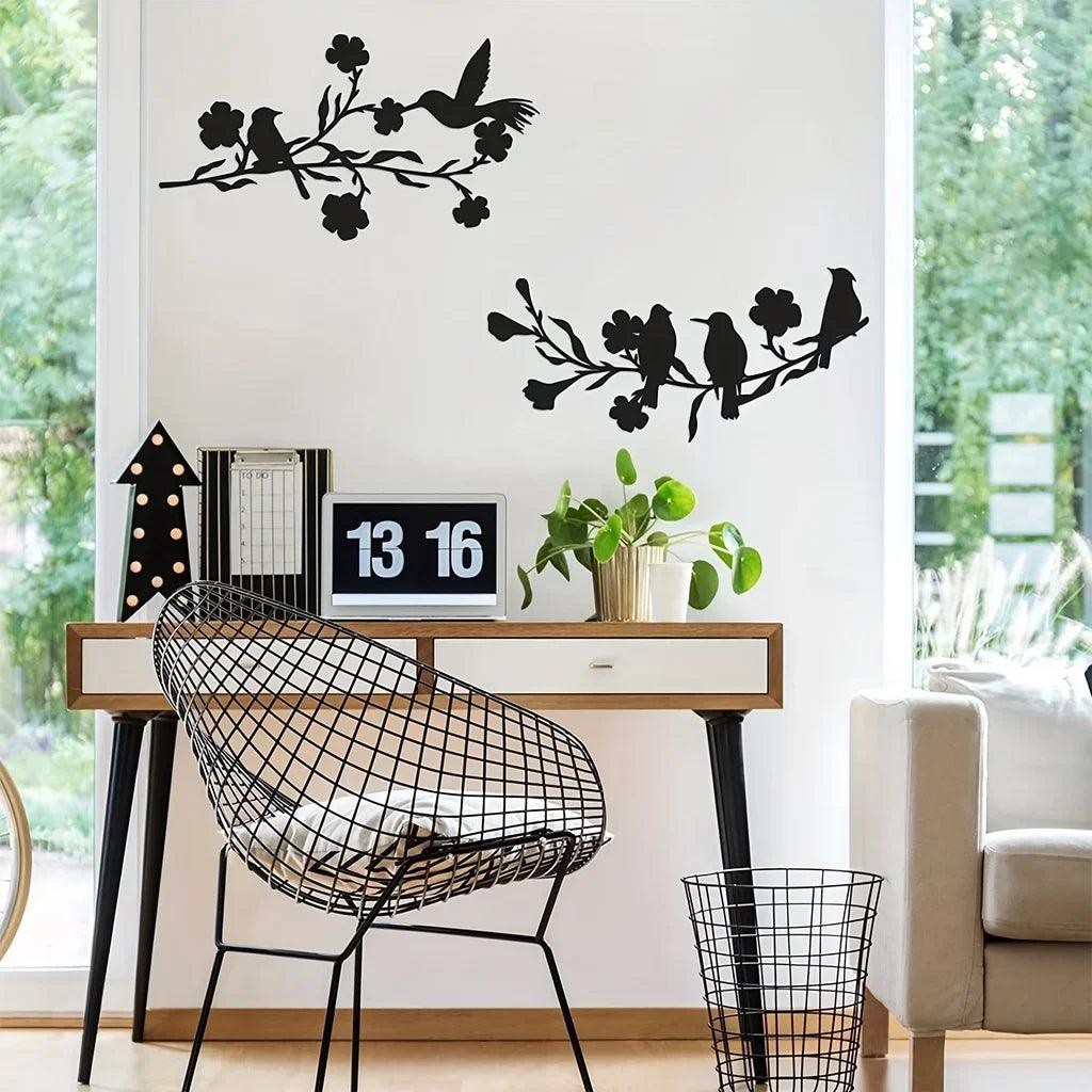 1pc Metal Wall Art Decor - Large Outdoor and Indoor Birds Sculpture with Branches, Black Leaves & Flowers for Home and Garden