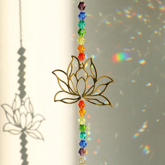 Crystal Sun Catcher Lotus | Hanging Suncatcher with Crystals | Rainbow Maker for Windows & Garden | Chakra Light Catcher, Stained Glass Decoration