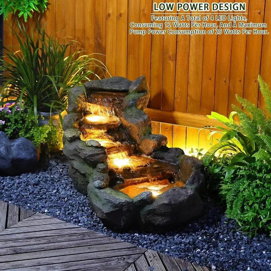 Free Standing Floor Fountain with LED Lights, 42.1" Outdoor / Indoor Waterfall Fountain for Living Room and Garden, Resin Rock Design