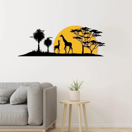 Outdoor Metal Wall Art: Giraffe Sunset and Tree Metal Silhouette - 3D Metal Wall Decor for Indoor & Outdoor Spaces