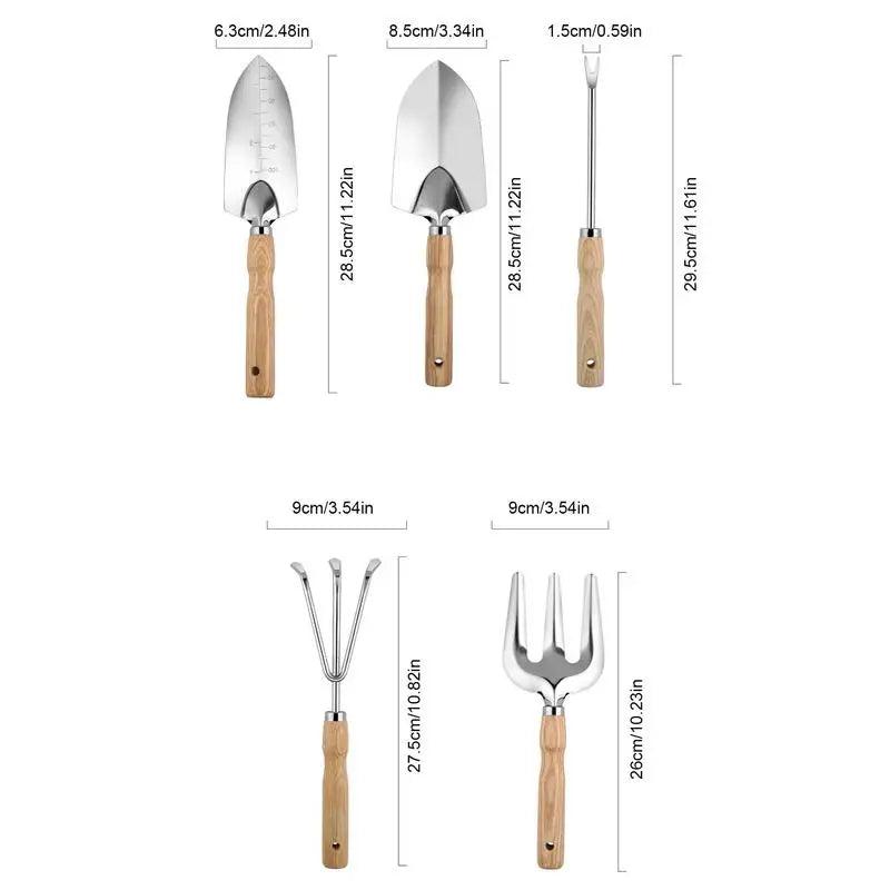 Professional Gardening Tool Set - 5-Piece Heavy Duty Stainless Steel Garden Tools with Rake, Shovel, Fork & Root Picker