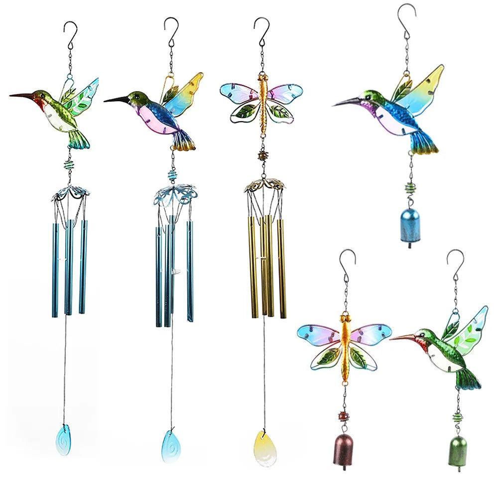 Hummingbird Wind Chimes - Metal & Glass Painted Garden Decor with Aluminum Pipes | 7.1"x13.8" | Wind Chime, Hummingbird Feeder Chime