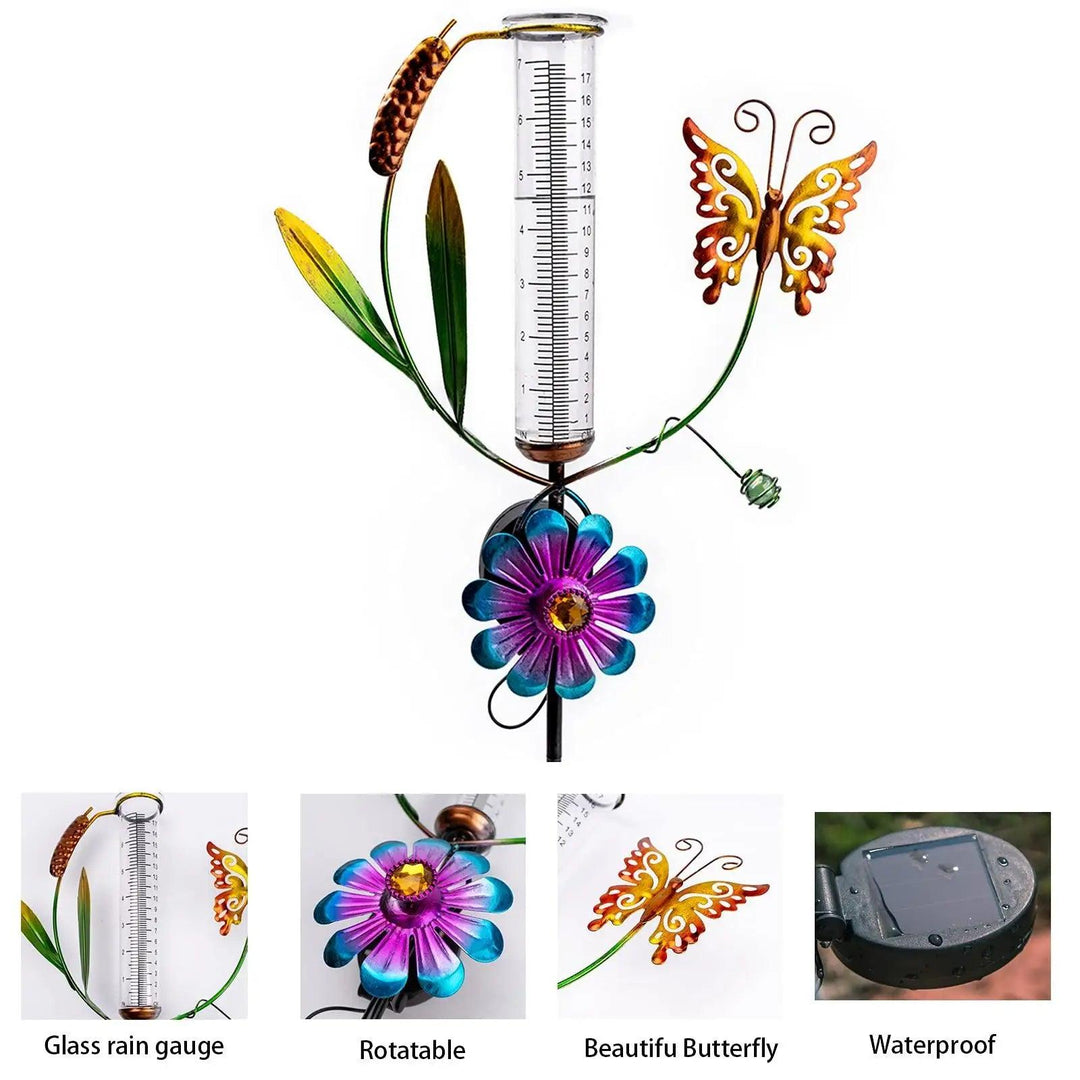 Butterfly Decorative Rain Gauge, Large Solar Powered Waterproof Garden Rain Collector, Outdoor Metal Rain Gauge