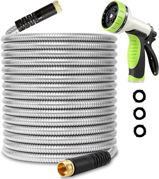 Durable Garden Hose 50 FT, 75 FT & 100 FT - Stainless Steel with 10-Way Spray Nozzle & Solid Brass Fittings