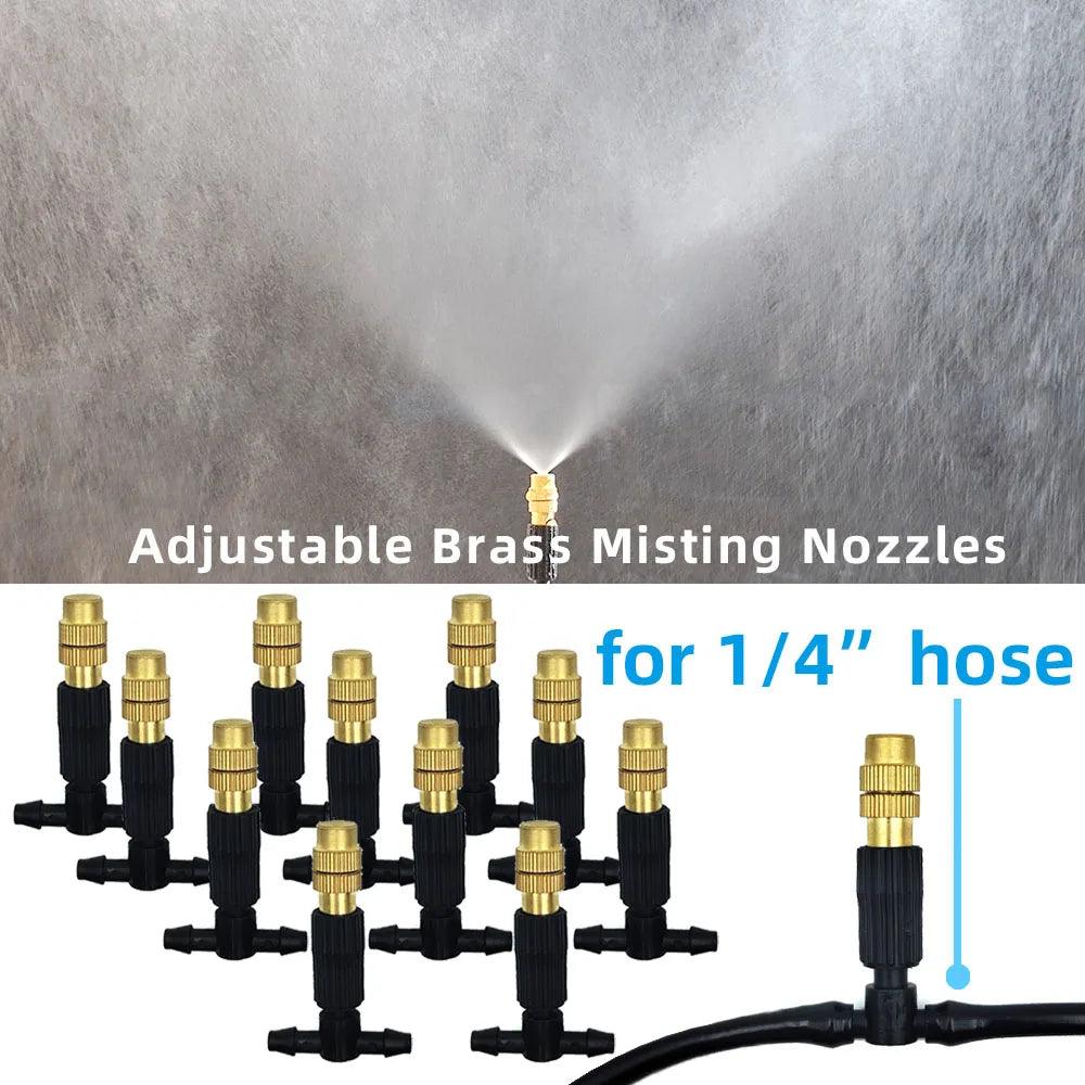 Outdoor Misting Cooling System – 5M-30M Garden Irrigation Kit with Brass Atomizer Nozzles & 4/7mm Hose for Patios & Greenhouses