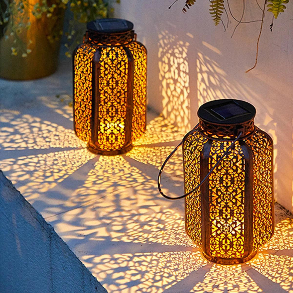 Solar Powered Vintage Pathway Lights | LED Hanging Lantern | Retro Iron Art, Outdoor Metal Hollow Lamp for Path, Driveway, Walkway Lighting