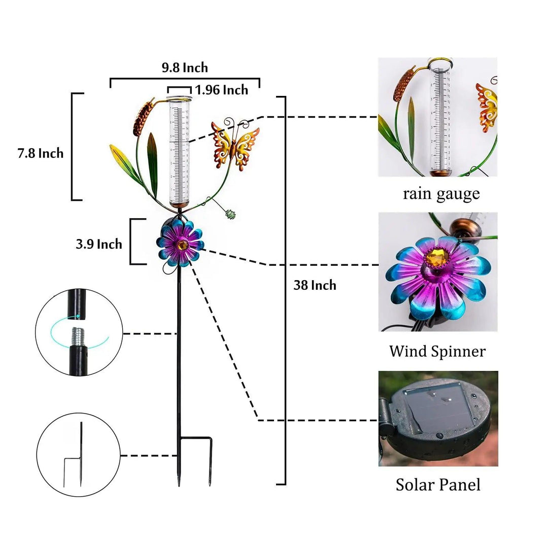 Butterfly Decorative Rain Gauge, Large Solar Powered Waterproof Garden Rain Collector, Outdoor Metal Rain Gauge