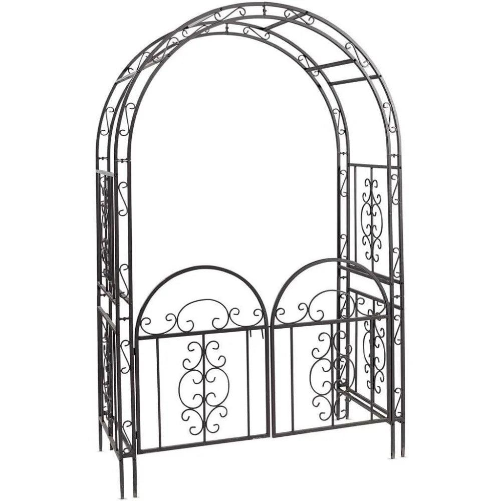 84-Inch Heighted Arched Metal Garden Trellis with Gate | Gunmetal Black | Outdoor Garden Archway for Climbing Plants