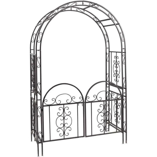 84-Inch Heighted Arched Metal Garden Trellis with Gate | Gunmetal Black | Outdoor Garden Archway for Climbing Plants