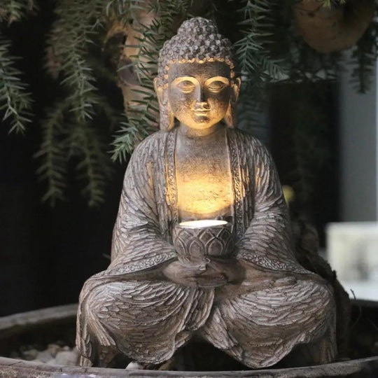 Solar Buddha Statue with Garden Figurine Lights - Japanese Zen Outdoor Decor