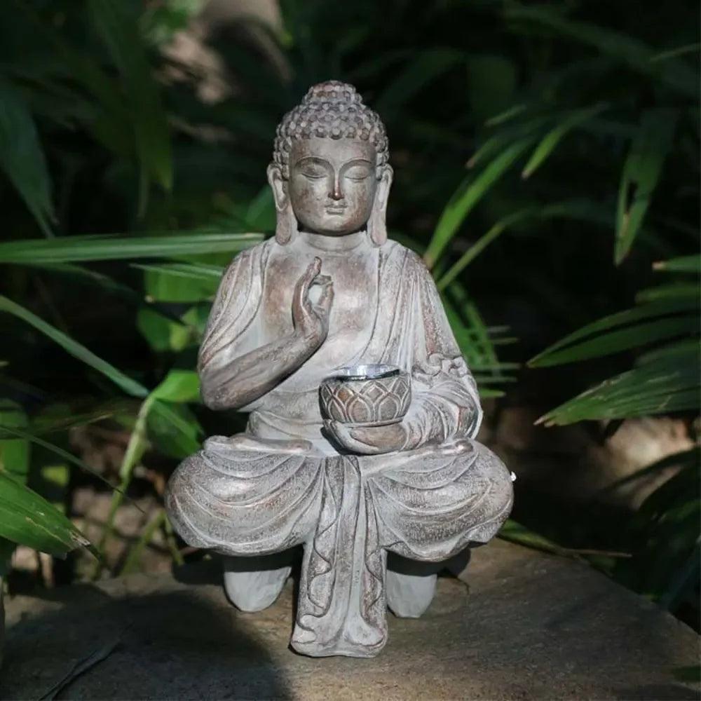 Solar Buddha Statue with Garden Figurine Lights - Japanese Zen Outdoor Decor