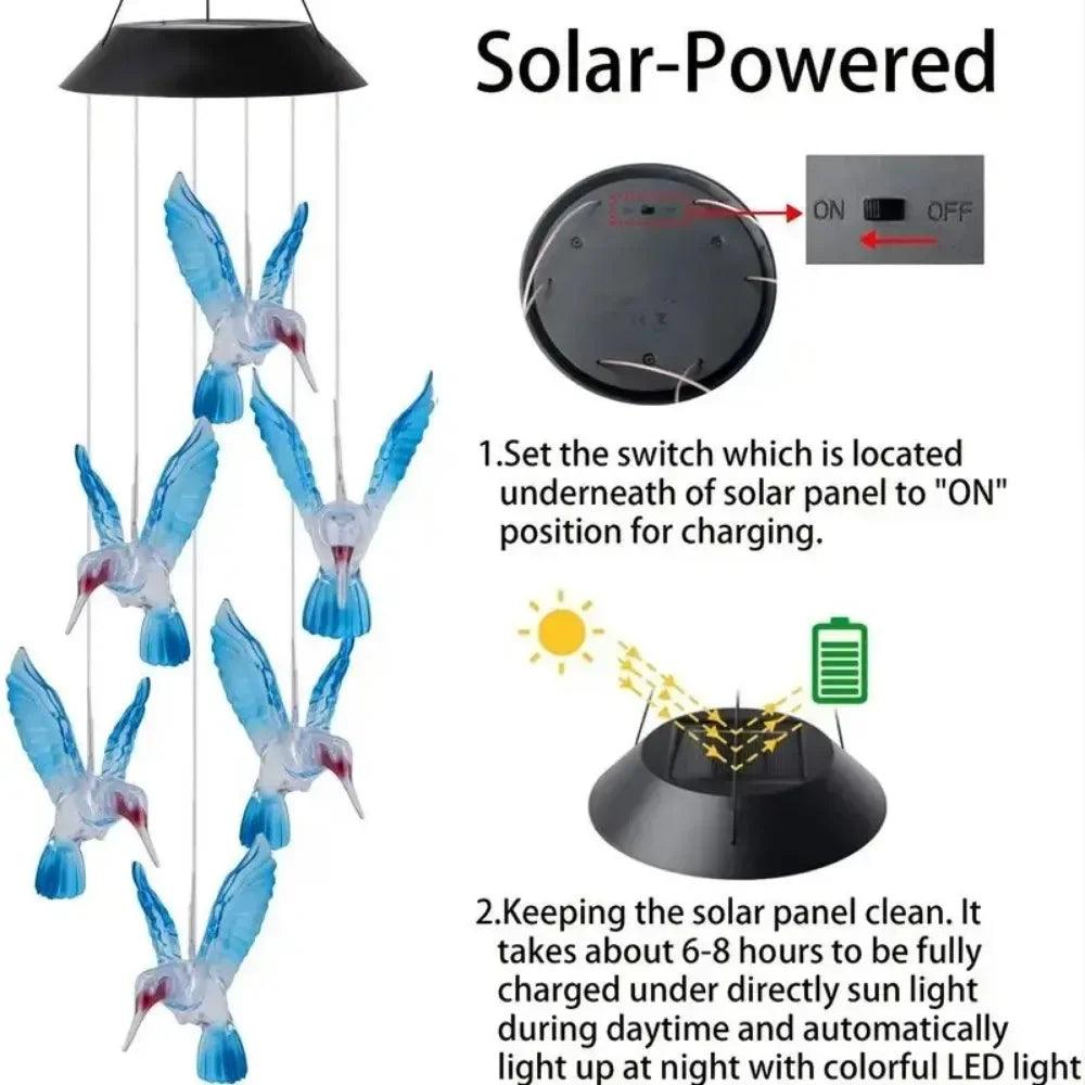 Solar Butterfly & Hummingbird Wind Chimes with LED Lights | Solar-Powered Outdoor Decoration | Garden, Patio, Courtyard Chimes with Changing Lights