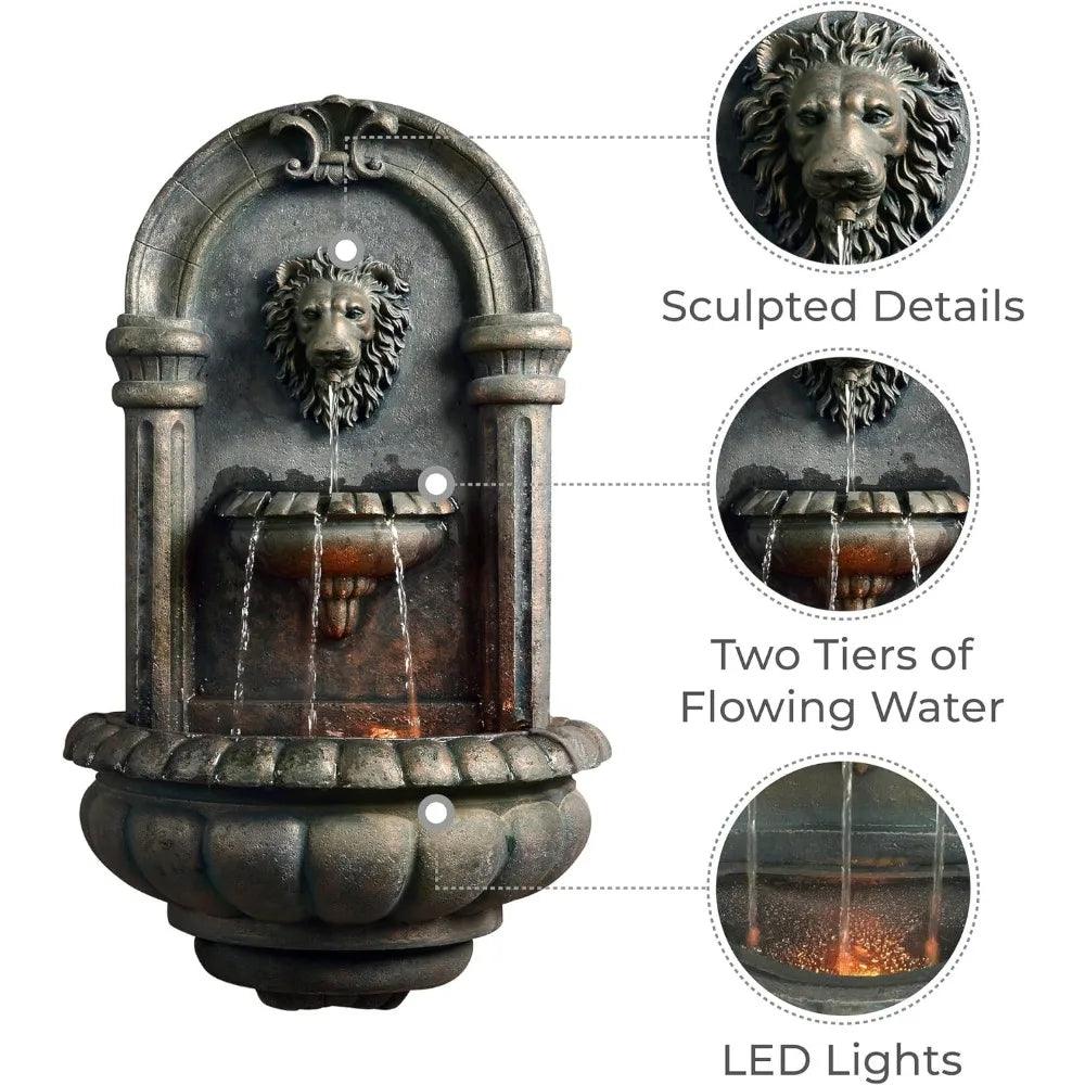 Outdoor Wall Fountain | Antique Bronze Resin Waterfall | 32.1-Inch Wall-Mount with LED Light | Durable, Lightweight Design for Gardens and Backyards