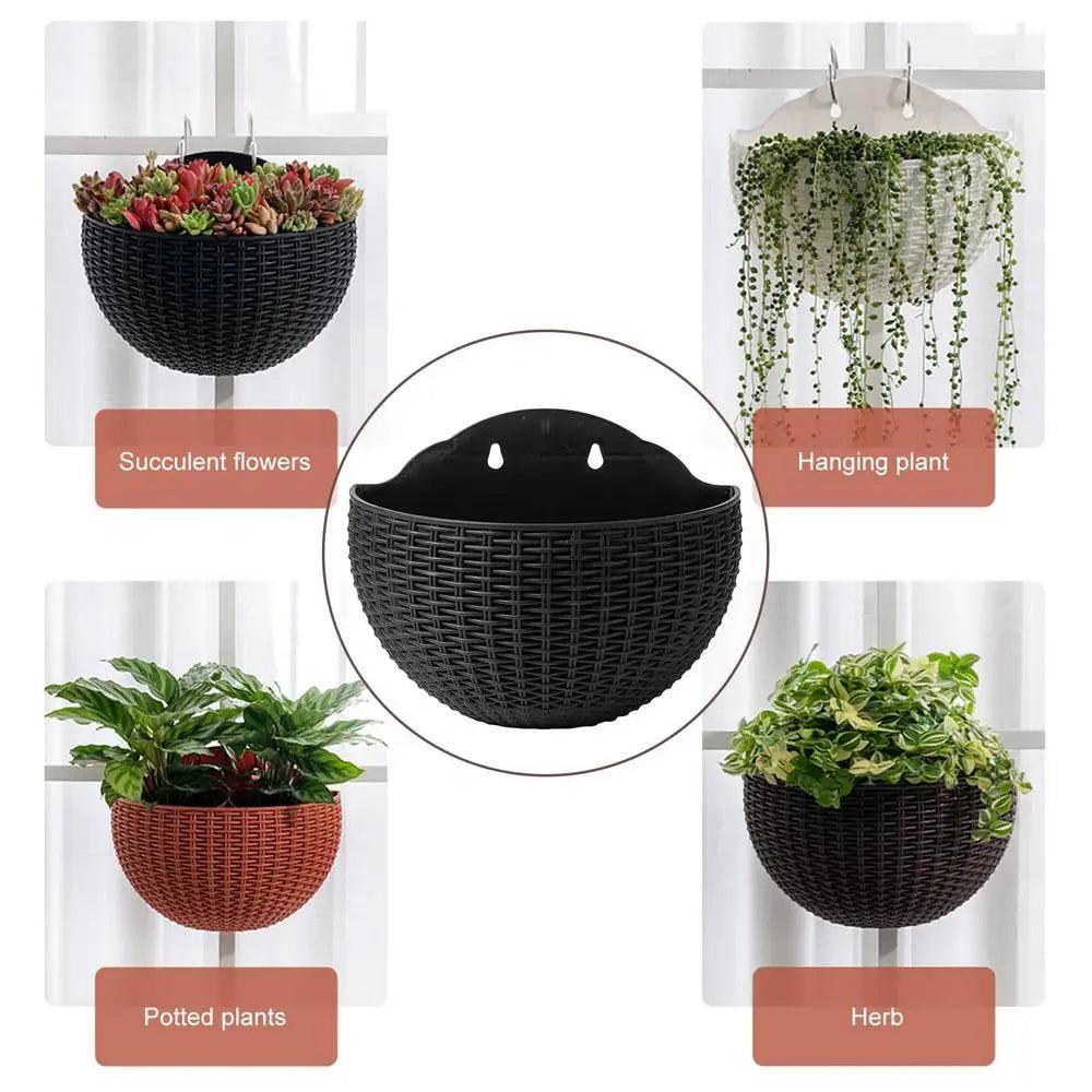 Wall Hanging Planters | European Style Imitation Rattan Semicircular Pot | Wall Mounted for Indoor/Outdoor | Vertical Garden Decor for Balcony & Patio