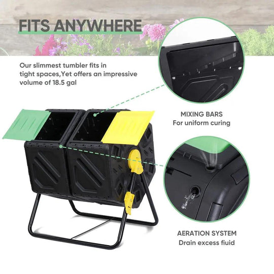 37 Gallon Compost Bin Tumbler 360° Dual Chamber - Best Rotating Compost Tumbler for Efficient Outdoor Composting - Large Capacity & Easy-to-Use