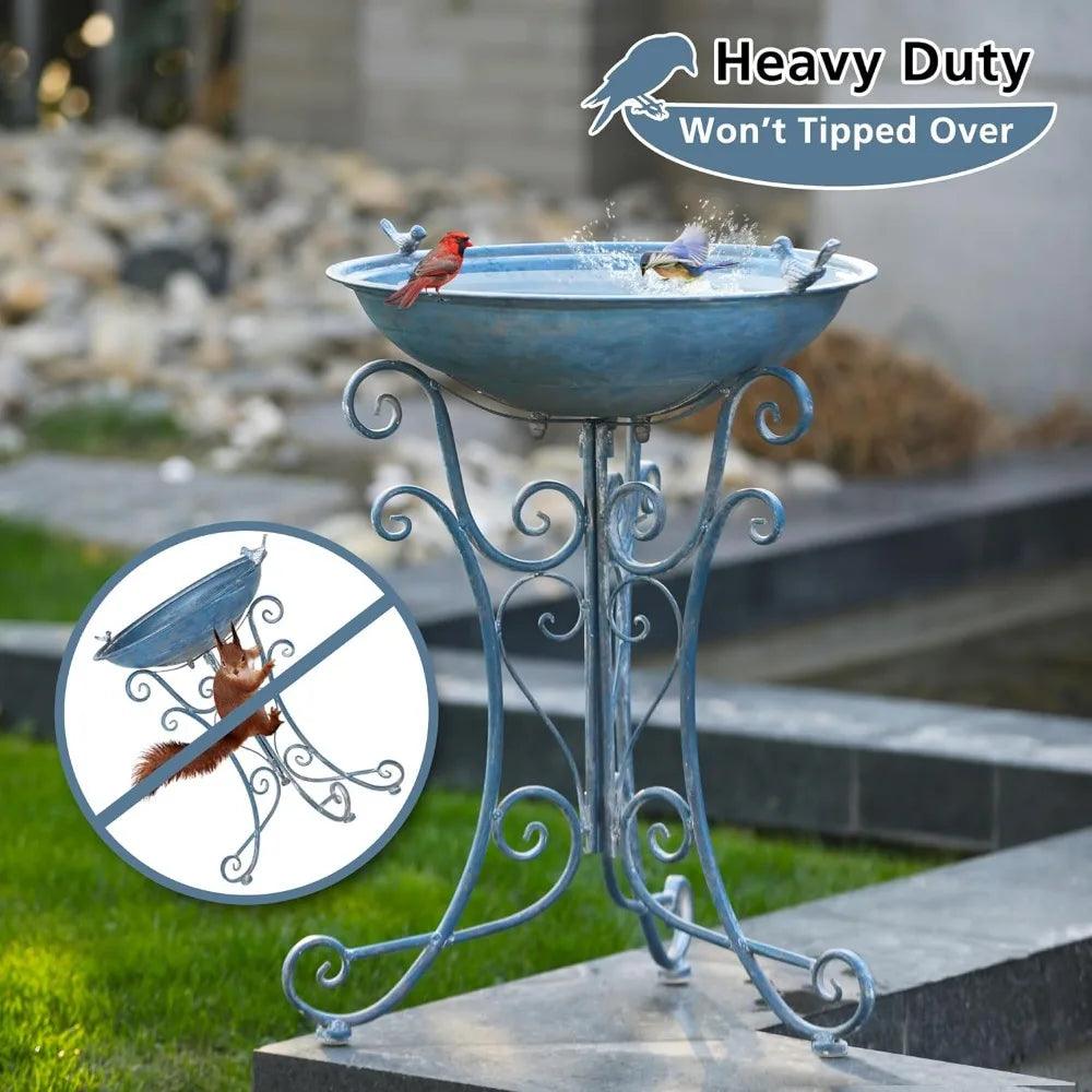 Large Vintage Bird Bath with Big Birdbath Bowl, 19.3" Dia x 26.8" H, Metal Stand, Vintage Bird Bath Design, Foldable & Stable