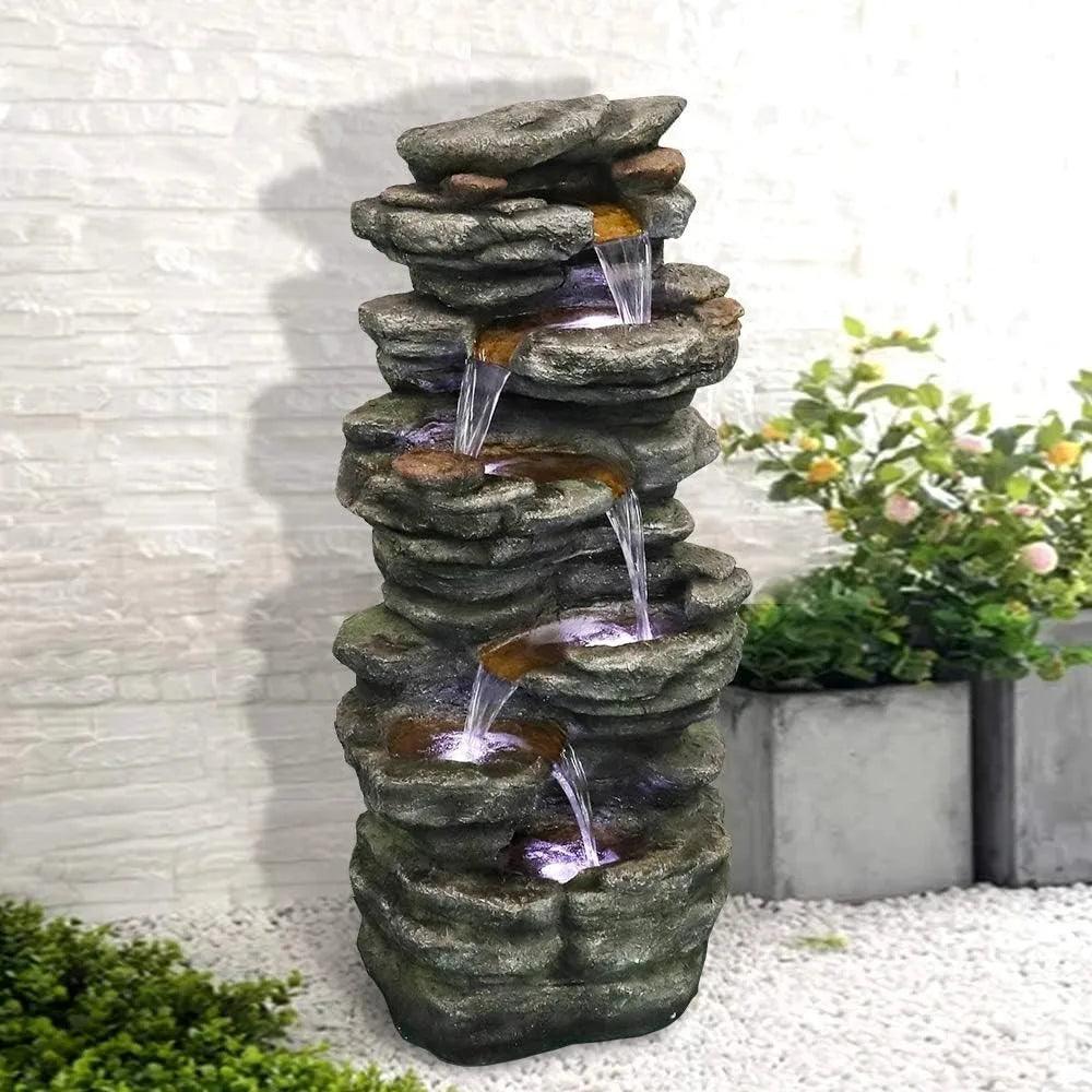 LED Indoor Waterfall Fountain, Free Standing 40” High Floor Fountain – Cascading 6-Tier Rock Waterfall for Living Room, Patio, and Garden Decor