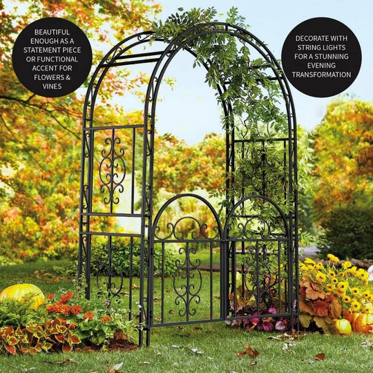 84-Inch Heighted Arched Metal Garden Trellis with Gate | Gunmetal Black | Outdoor Garden Archway for Climbing Plants