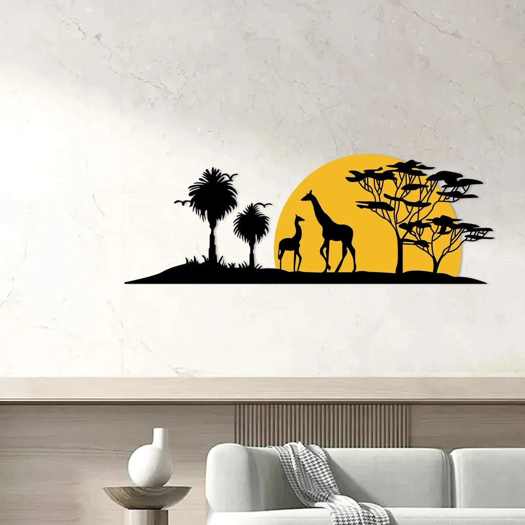 Outdoor Metal Wall Art: Giraffe Sunset and Tree Metal Silhouette - 3D Metal Wall Decor for Indoor & Outdoor Spaces