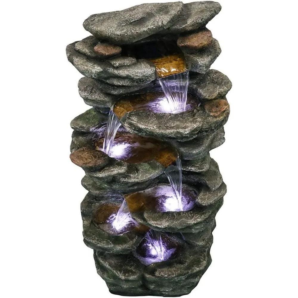 LED Indoor Waterfall Fountain, Free Standing 40” High Floor Fountain – Cascading 6-Tier Rock Waterfall for Living Room, Patio, and Garden Decor