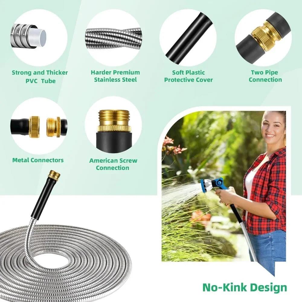 100 Ft Stainless Steel Garden Hose – Heavy Duty, Flexible & No Kink Metal Water Hose with Collapsible Design