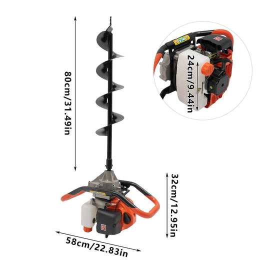 52cc 2-Stroke Gas Powered Post Hole Digger with 3 Drill Bits, Auger Fence Pole Hole Digger for Gardening & Fencing